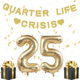 25Th Birthday Decoration For Women, Gold Banner For 25 Years Old Quarter Life Crisis Gold 25 Balloons Numbers Give Her Cheering 25Th Birthday Gift Twenty-Five Party Supplies
