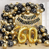 100pcs 60th Birthday Decor Kit β Banner, 60 Balloons, Black & Gold Theme