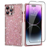 Luxury Glitter For Iphone 14 Pro Max Rectangle Case With Screen Protector, Crystal Diamond Rhinestones Sequin Bling Sparkly Glossy Cute For Women Soft Shockproof Protective Phone Case, Pink