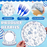120Pcs Easter Tableware Set Serves 24 Blue White Retro Bunny Rabbit Chinoiserie Floral Paper Plates Napkins Cups Forks Disposable Dinnerware for Spring Bridal Baby Shower Wedding Party