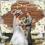 Mr and Mrs Bridal Shower Backdrop for Wedding Party Decorations White Floral Rustic Wooden Photography Background Bride to Be Engagement Proposal Anniversary Banner Photo Booth Props 7x5ft