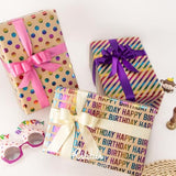 Birthday Kraft Wrapping Paper Iridescent Gift Wrapping Paper Mini Roll, 3 Rolls Happy Birthday Polka Dots Stripes Printed Assortment - 17 Inch X 120 Inch(10Feet) Per Roll