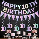 Iridescent Happy 10Th Birthday Decorations Kit For Girls Boys, Pre-Strung 10 Bday Banner Hanging Swirls Bunting Party Supplies, Ten-Year-Old Double Digits Birthday Photo Props Decor