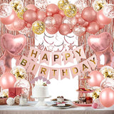 62pcs Rose Gold Birthday Decorations β Banner, Balloons, Fringe Curtain & Swirls