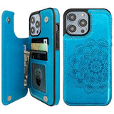 Mandala Pattern PU Leather Wallet Case for iPhone 14 Pro Max with Card Holder and Double Buttons, 6.7 Inch, Blue