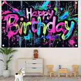 Neon Happy Birthday Banner - 71X43 Photography Backdrops, Party Background Decorations, Colorful Graffiti Splash Paint Kids Birthday Supplies, Glow In The Dark