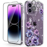 (3 In 1 For Iphone 14 Pro Max Case Flower, With Screen Protector/Camera Lens Protector Cute Floral Pattern Clear Glitter Sparkly Bling Slim Hard Back Cover 6.7" For Women Girls, Purple Floral