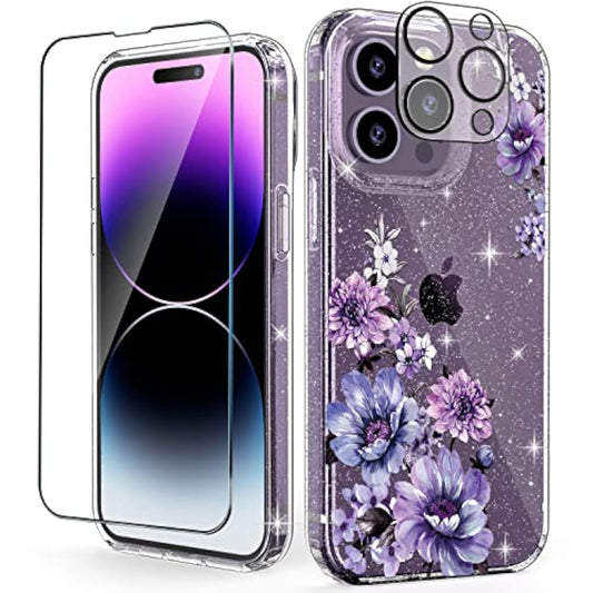 (3 In 1 For Iphone 14 Pro Max Case Flower, With Screen Protector/Camera Lens Protector Cute Floral Pattern Clear Glitter Sparkly Bling Slim Hard Back Cover 6.7" For Women Girls, Purple Floral