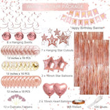 62pcs Rose Gold Birthday Decorations β Banner, Balloons, Fringe Curtain & Swirls