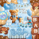 Party Spot?Bear Baby Shower Decorations Boy,80 Pcs Balloons,4 Wood Grain Blocks With Letter,"We Can Bearly Wait" Backdrop,Banner,Tablecloth,Balloon Pump, Blue Brown Bear Theme