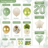 20Th Birthday Decorations, Sage Green 20Th Bday Decorations For Women Happy Birthday Banner Green Gold Balloons Crown Sash Fringe Curtain Tablecloth Cake Topper For Bday Decor