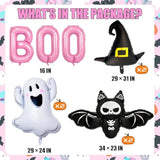 Pink Halloween Balloon Set: BOO Ghost, Bat, Witch Hat Foil Decor