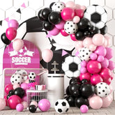 Soccer Party Balloon Garland Arch Kit, Black Hot Pink Decorations With Foil Balloon For Women Girls Kids Birthday Sports Theme, Football Party Decor Supplies