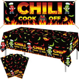Chili Cook Off Banner 71x24in with 3-Pc Chili Pepper Tablecloth Fiesta Decor