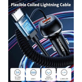 SUNDAREE 96W USB C Car Charger Three Port Cigarette Lighter Adapter PD 45W PPS33W & QC3.0 18W 6ft Type C Coiled Cable Fast Charging iPhone 16/15/14/13 Smartphones S23/S22/S21 Android ipad