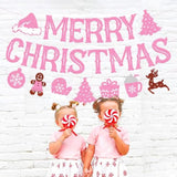 Merry Christmas Banner Glitter Pink Christmas Party Garland Merry Christmas Gingerbread Snowflake Santa Claus Hot Chocolate Winter Holiday Theme Xmas Pink Party Supplies Glitter Decoration