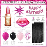 Hot Pink & Black Birthday Decorations With Confetti & Foil Balloons, Fringe Curtains For Happy Birthday Celebrations