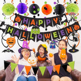 Happy Halloween Banner Triangle Flag Bunting with Confetti Dots Honeycomb Ball and Streamers