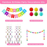 Happy Birthday Banner, Rainbow Birthday Banner, 6 Honeycomb Balls, 8 Metallic Hanging Swirls And Circle Parper Garland, Happy Birthday Decorations