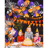 126Pcs Halloween Balloon Arch Kit with Spider Web Bats Purple Orange Black Balloons Decor