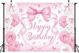 Pink Bow Birthday Backdrop for Girls 7x5FT Pink Balloon Bowknot Photography Background Cute Coquette Bachelorette Happy Birthday Banner Decorations Supplies Photo Props