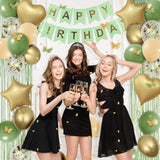 Sage Green Birthday Decorations With Happy Bithday Banner, Curtains, Heart Star Balloons, Butterfly Decor And Led Light For Green Happy Birthday Party Decorations Women(Green)