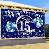 Blue Silver 15Th Birthday Banner Decorations For Boys, Happy 15 Birthd