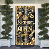 Black Gold Birthday Queen Door Cover Banner 71 X 35 Inch Happy Birthday Backdrop Photography Background Decoration For Women Girls Birthday Party Home Outdoor Decor