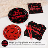 96Pcs Halloween Bats Birthday Party Supplies Bloody Bat Paper Plates And Napkins Red And Black Disposable Tableware For Boy Girl Halloween Birthday Party Decorations Serves 24