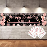Personalized Birthday Banner Happy Birthday Party Decor Custom Diy Rose And Gold Black Birthdays Backdrop With Name Alphabet Letter Sticker Happy Birthdays Sign Party Supplies For Men Women