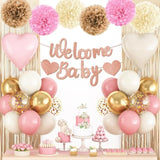 Dusty Blue Baby Shower Decorations For Boy,Welcome Baby Banner With Sand White Champagne Gold Balloons Fringe Curtains Paper Pom Poms Flowers Tassels For Boho Baby Shower Gender Reveal Party Supplies