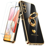 Luxury Gold Edge Slim Soft Phone Case for Samsung Galaxy A14 5G with 2 Pack Screen Protector and 360° Rotatable Ring Holder - Black