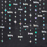 Iridescent Happy Birthday Decorations Circle Dot Twinkle Star Garland Kit Metallic Holographic Hanging Streamer Bunting Banner Backdrop For Women, Men & Kids Party Supplies