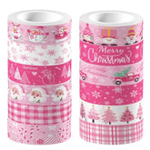 12 Rolls Pink Christmas Washi Tape Christmas Tree Snowman Santa Claus Snowflake Candy Cane Patterned Masking Tape For Scrapbook Journal Gift Wrapping Craft Supplies
