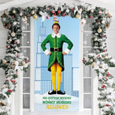 Funny Christmas Door Cover, No Cotton Headed Ninny Muggins Allowed Porch Sign For Outdoor Decorations, Buddy The Elf Photo Booth Background Banner, Elf Christmas Party Decor Supplies, 70.8X35 Inch