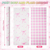 Pink Bow Reversible Wrapping Paper Roll - Mini Roll - 1 Roll 17" X33Ft Pink Bow Birthday Wrapping Paper Roll For Girls Kids Pink And White Plaid Design Gift Wrap Paper Pink Bow Party Favor