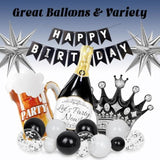 Black and silver birthday set with balloons, banner, and fringe curtains for men