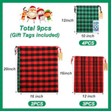 Fabric Christmas Gift Bags Assorted (Large 20In, Medium 16In, Small 12In), 9Pcs Cotton Gift Wrapping Sacks Cloth Pouches For Xmas Presents