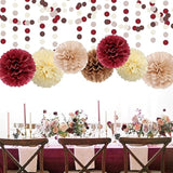Brown Burgundy Gold Party Decorations 30PCS Rustic Boho Tissue Pom-Poms Tassel Garland Banner