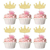 24Pcs Gold Crown Cupcake Toppers – Glitter Picks for Princess, Baby Shower & Birthday Decor