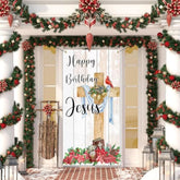 Religious Jesus Christmas Door Banner, Happy Birthday Jesus Welcome Door Cover, Christian Jesus Nativity Cross Winter Holiday Porch Sign Door Decor Backdrop Banner 70.9 X 35.4 Inches