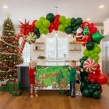 Christmas Balloon Garland Arch Kit with backdrop Xmas Red Green Balloons Candy Cane Santa Claus Star Foil Balloons for Christmas New Year Birthday Party Decorations