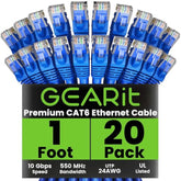 GearIT Cat 6 Ethernet Cable 1 ft (20-Pack) - Cat6 Patch Cable, Cat 6 Patch Cab