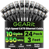 GEARit Cat 6 Ethernet Cable Pack - 24-Pack 3 ft Cat6 Ethernet Patch Cables | RJ45 Network Patch Cable, 10 Gbps Snagless Gold-Plated Connectors - Ethernet Cable Cat 6 for PC, TV, Router - Black