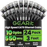 GEARit Cat 6 Ethernet Cable Pack - 24-Pack 3 ft Cat6 Ethernet Patch Cables | RJ45 Network Patch Cable, 10 Gbps Snagless Gold-Plated Connectors - Ethernet Cable Cat 6 for PC, TV, Router - Black