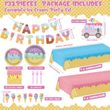 132Pcs Ice Cream Party Decorations Set Ice Cream Party Supplies Tableware Kit Paper Plates, Napkins, Tablecloth,Banner For Kids Girls For Party , Birthday, Baby Shower Serve 25