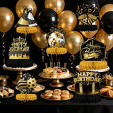 Happy Birthday Decorations Set - Black and Gold Birthday Themed Honeycomb Centerpiece, Table Decoration for Women Men Black and Gold Party Decorations