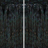 2 Pack Laser Black Tinsel Foil Fringe Curtains, Black Party Decorations, Metallic Tinsel Party Streamers Backdrop For Birthday Halloween Masquerade New Years Gatsby 1920S Party Decorations