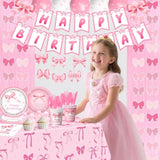 206Pcs Pink Bow Birthday Party Supplies Serve 24, Coquette Birthday Decorations Includes Bow Banner Garland, Hanging Swirls, Backdrops,Tablecloth, Plates For Girls Bachelorette Party Decor