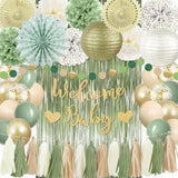 Sage Green Baby Shower Decorations, Welcome Baby Gender Neutral Baby Shower Decor, With Tissue Pom Poms, Balloons, Tassel Garland, Paper Lanterns For Gender Reveal Birthday Party Decorations